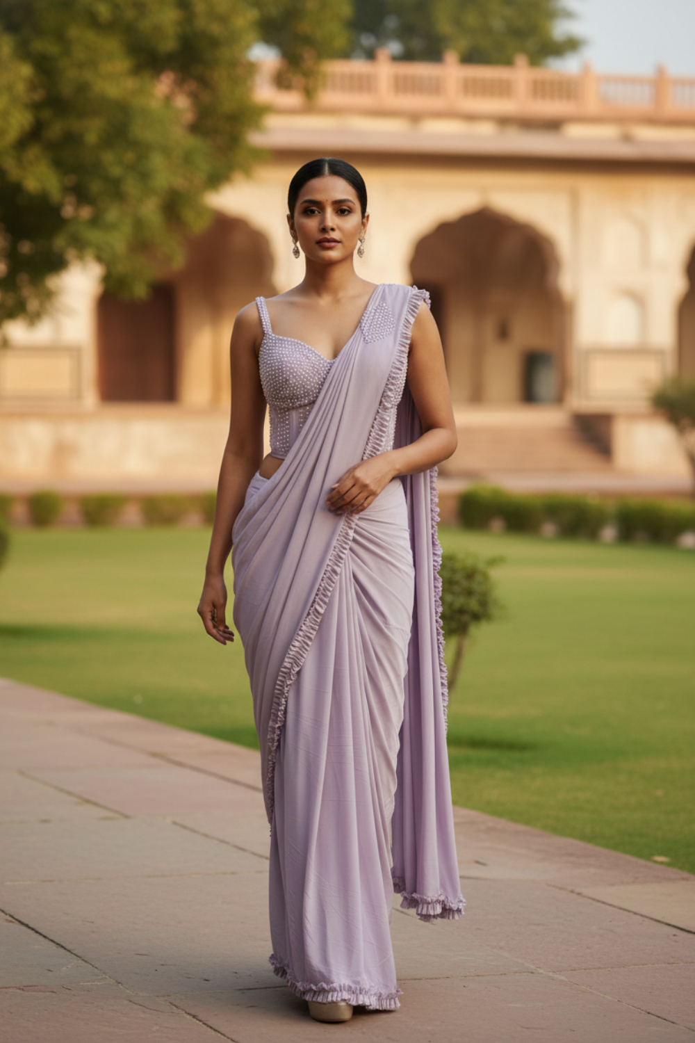 Mauve Lycra Pre-Draped Saree